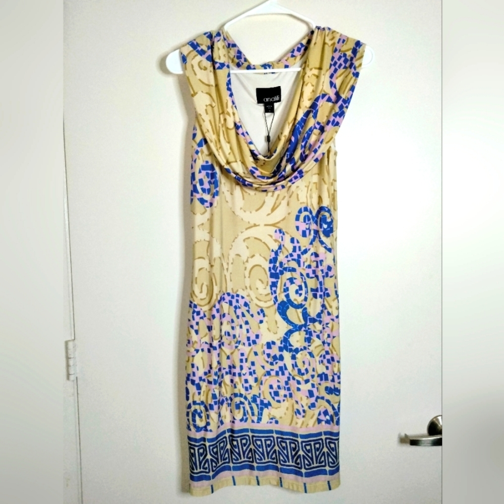 Analili (Size S) Multicolored Art Print Drape Neck Collar Shift Dress (NEW-NWT)